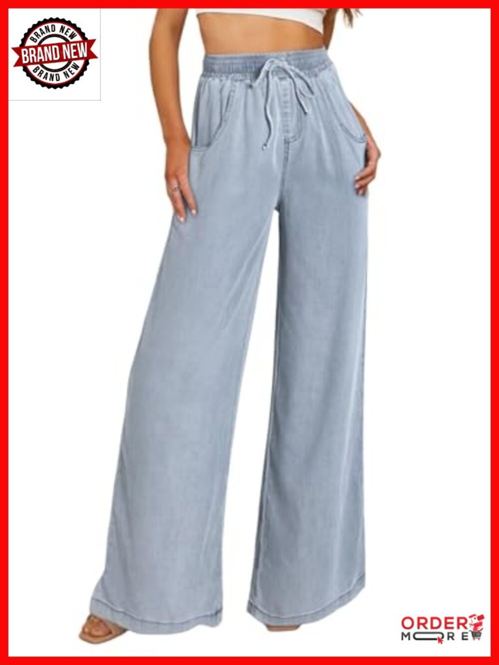 Tencel Wide Leg High Waisted Drawstring Jeans Loose Fit Denim Pants